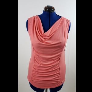 Ellen Tracy Cowl Neck Ruched Coral Top Large